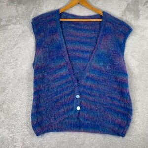 Handmade Mohair Knit Vest Womens Large Blue Purple Striped V-Neck Button Front